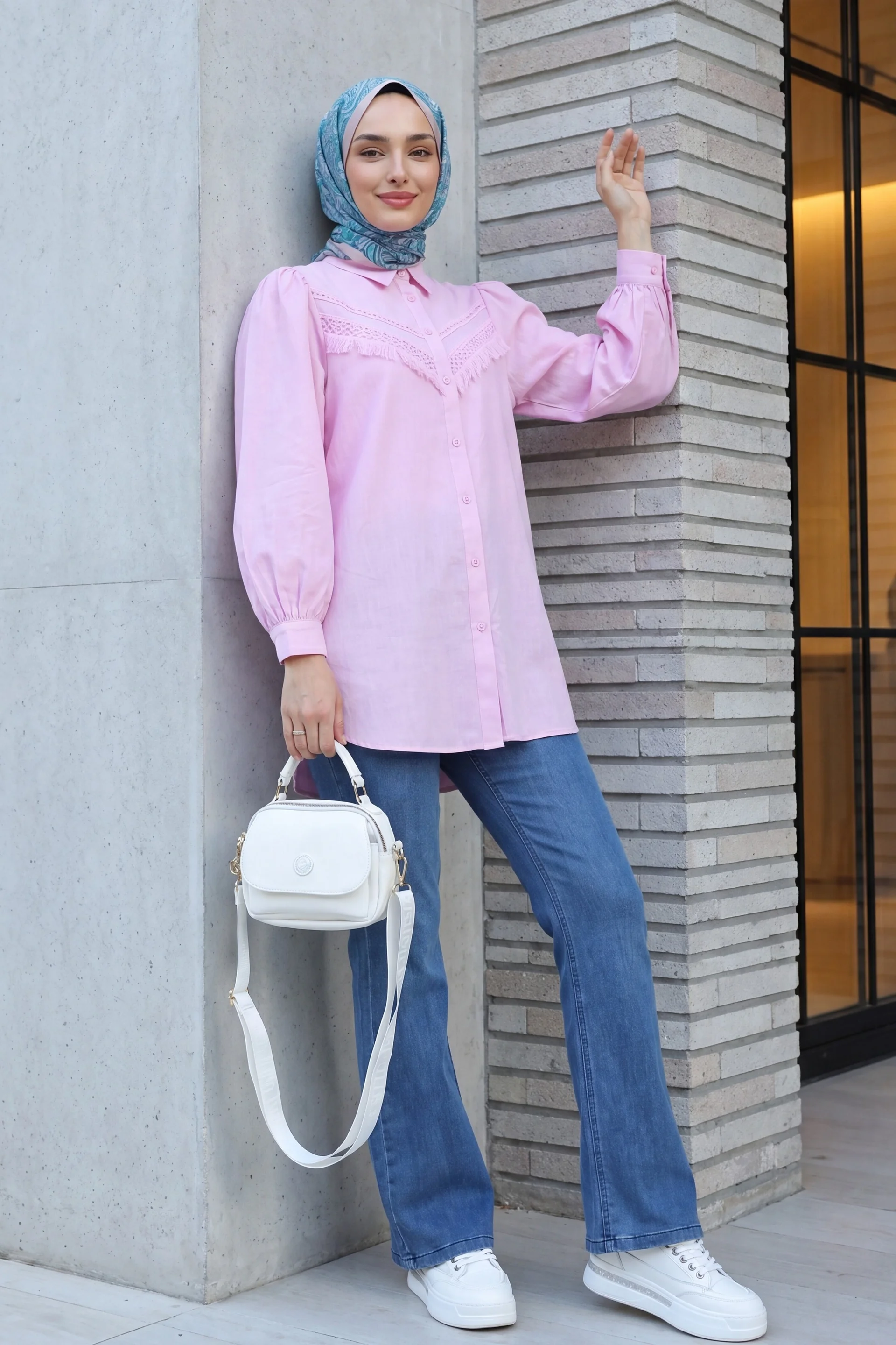 Dark Blue Flared Drawstring Denim Trousers - Podyumplus - by Peralane - photo 3