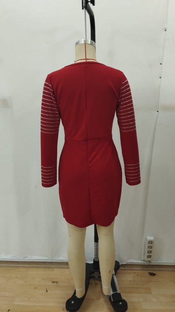 Women's Long Sleeve V-Neck Sequin Mini Dress in Deep Red - Janes - by Peralane - photo 6