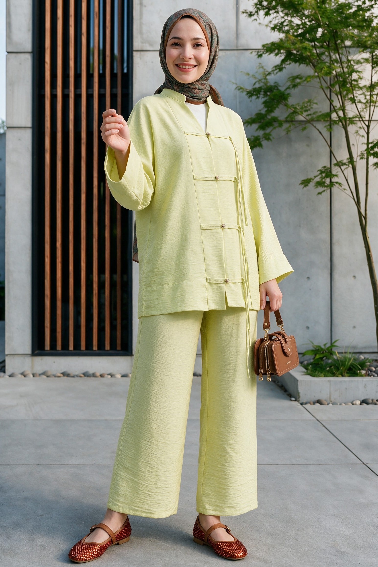 Pale Yellow Stone-Button Wide-Leg Tunic and Trousers Set - Podyumplus - by Peralane