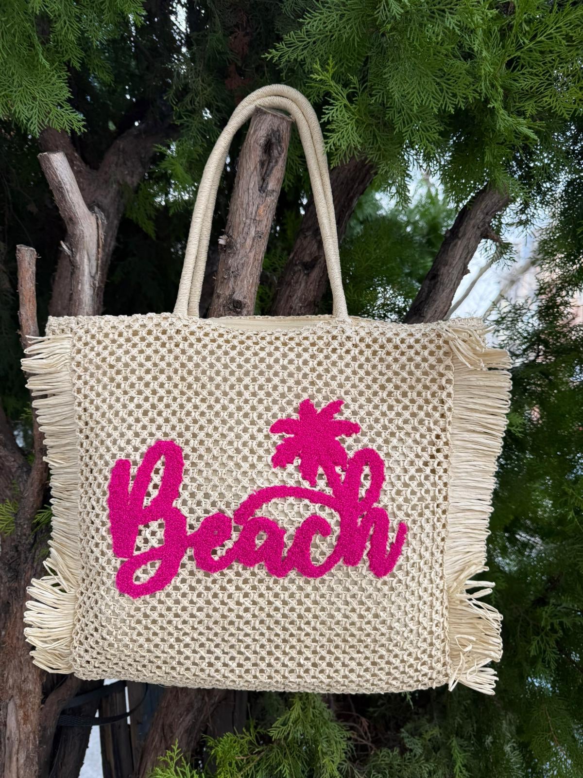 Beige Straw Beach Tote Bag with Pink 'Beach' Embroidery 47x44 cm - Nesvay - by Peralane - photo 2