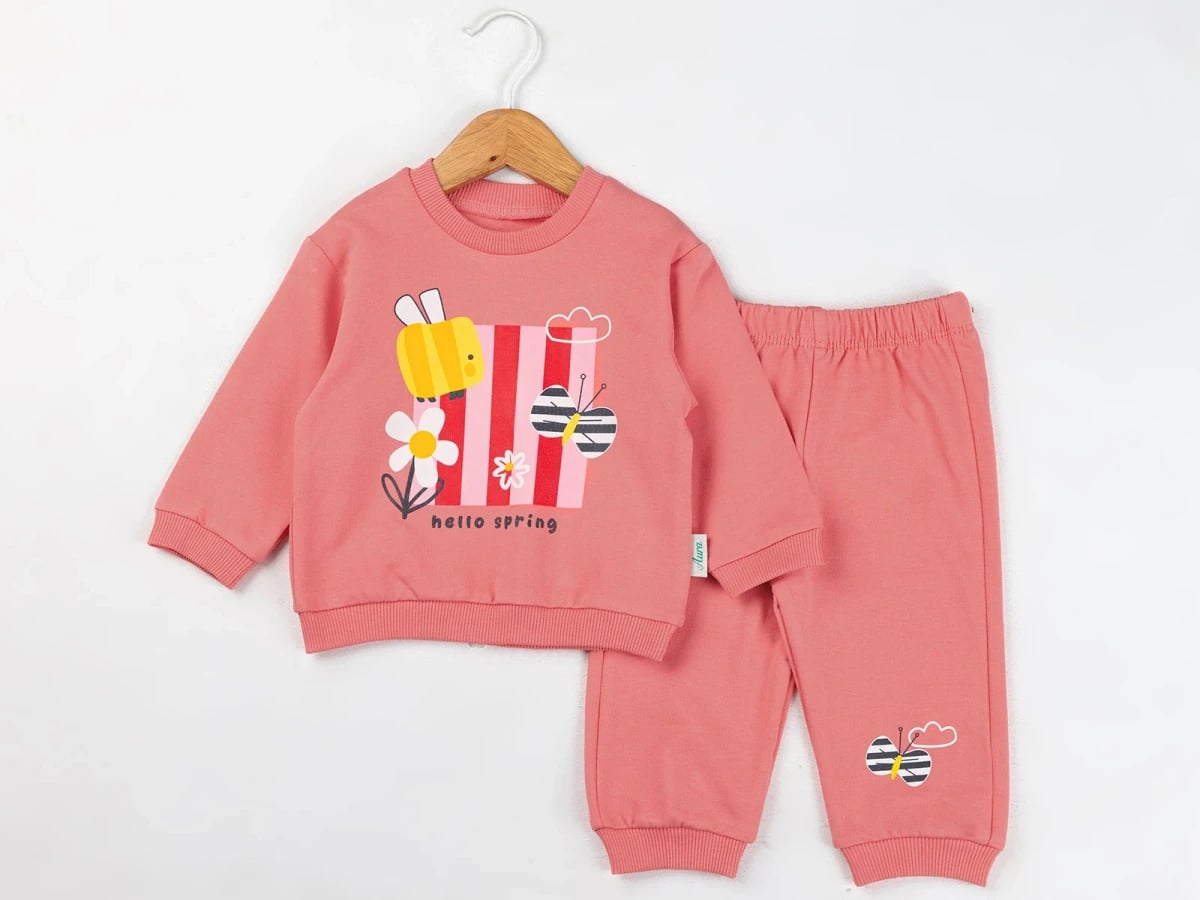 Girls' Hello Bee and Butterfly Print Sweatshirt and Trousers Set - Dusty Pink - Comix - by Peralane
