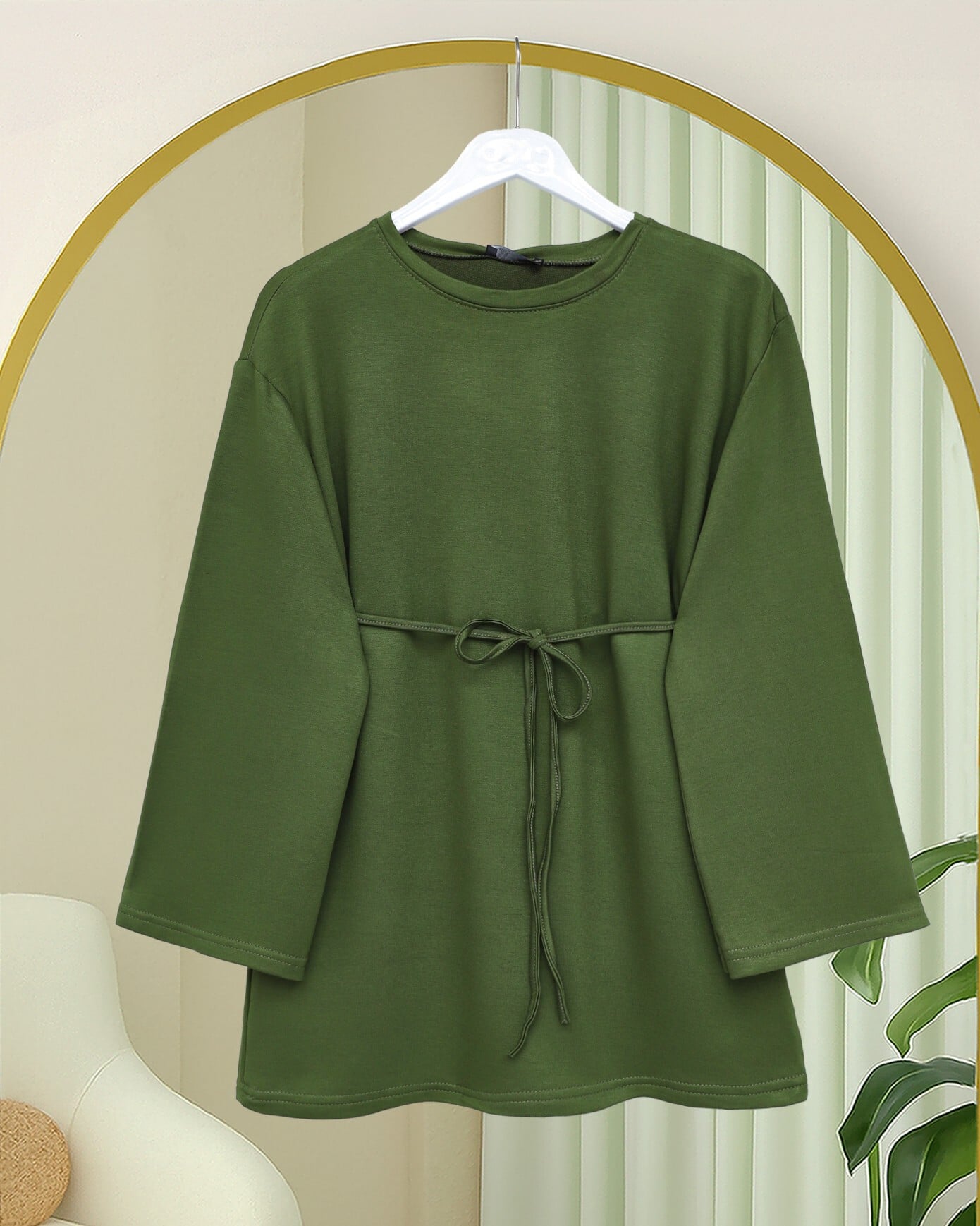 Round Neck Drawstring Waist Jersey Tunic - Olive Green - Podyumplus - by Peralane - photo 7