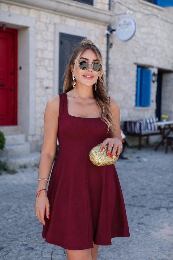 Women's Sleeveless Square Neck Knee-Length Viscose Dress in Burgundy - Janes - by Peralane - photo 3