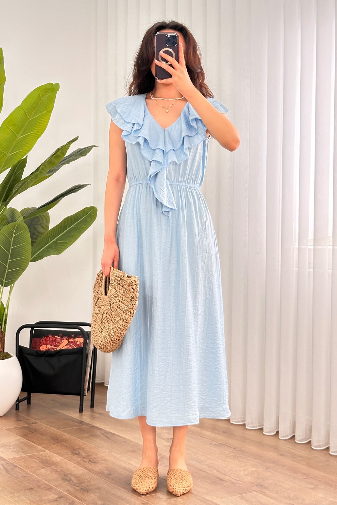 Light Blue Tie-Front Ruffle Midi Dress for Women - Lustri̇n - by Peralane - photo 3