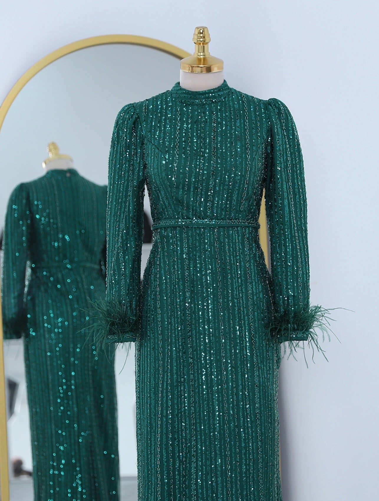 Emerald Sequin and Bead Embellished Tulle Formal Dress with Feathered Cuffs - Podyumplus - by Peralane