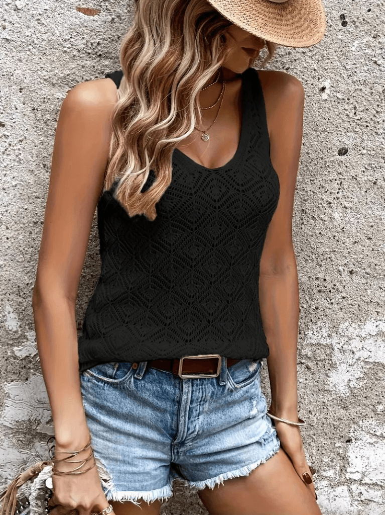 Women's Black Diamond Pattern Thick Strap Knit Tank Top - Janes - by Peralane - photo 4