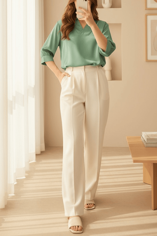Women's Cream Pleated Wide-Leg Trousers - Bigdart - by Peralane