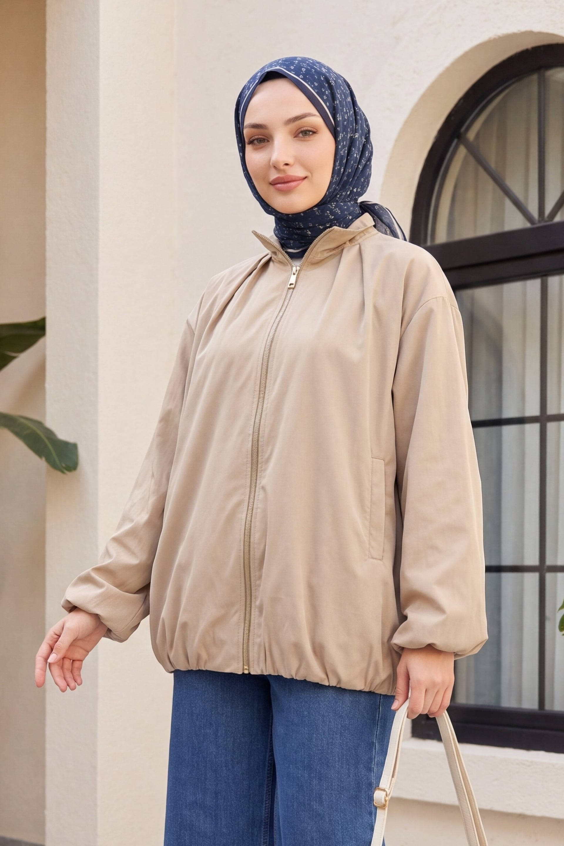 Beige Zip-Up Stand Collar Lined Parachute Jacket with Elasticated Cuffs and Hem - Podyumplus - by Peralane - photo 2