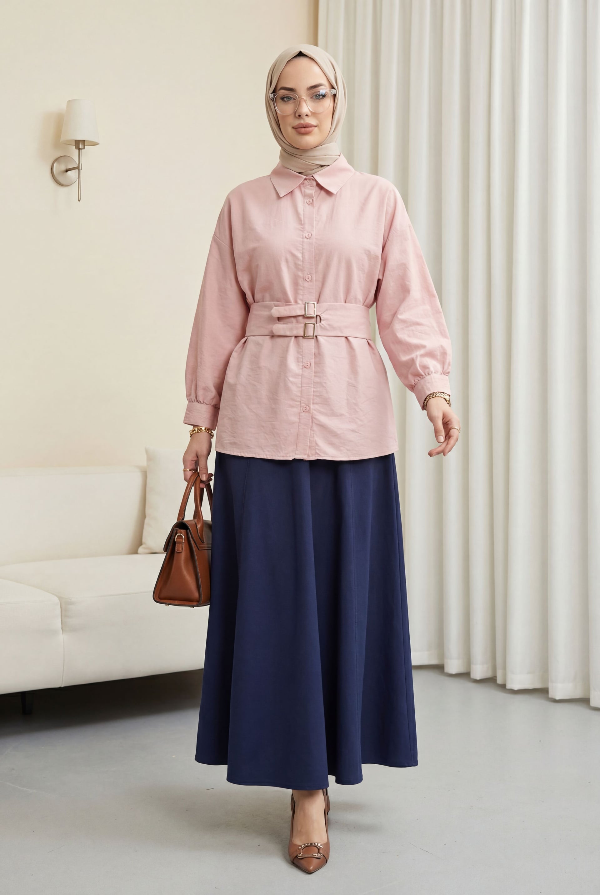 Double Buckle Elastic Belted Cupra Blouse with Button Front - Powder - Podyumplus - by Peralane - photo 3