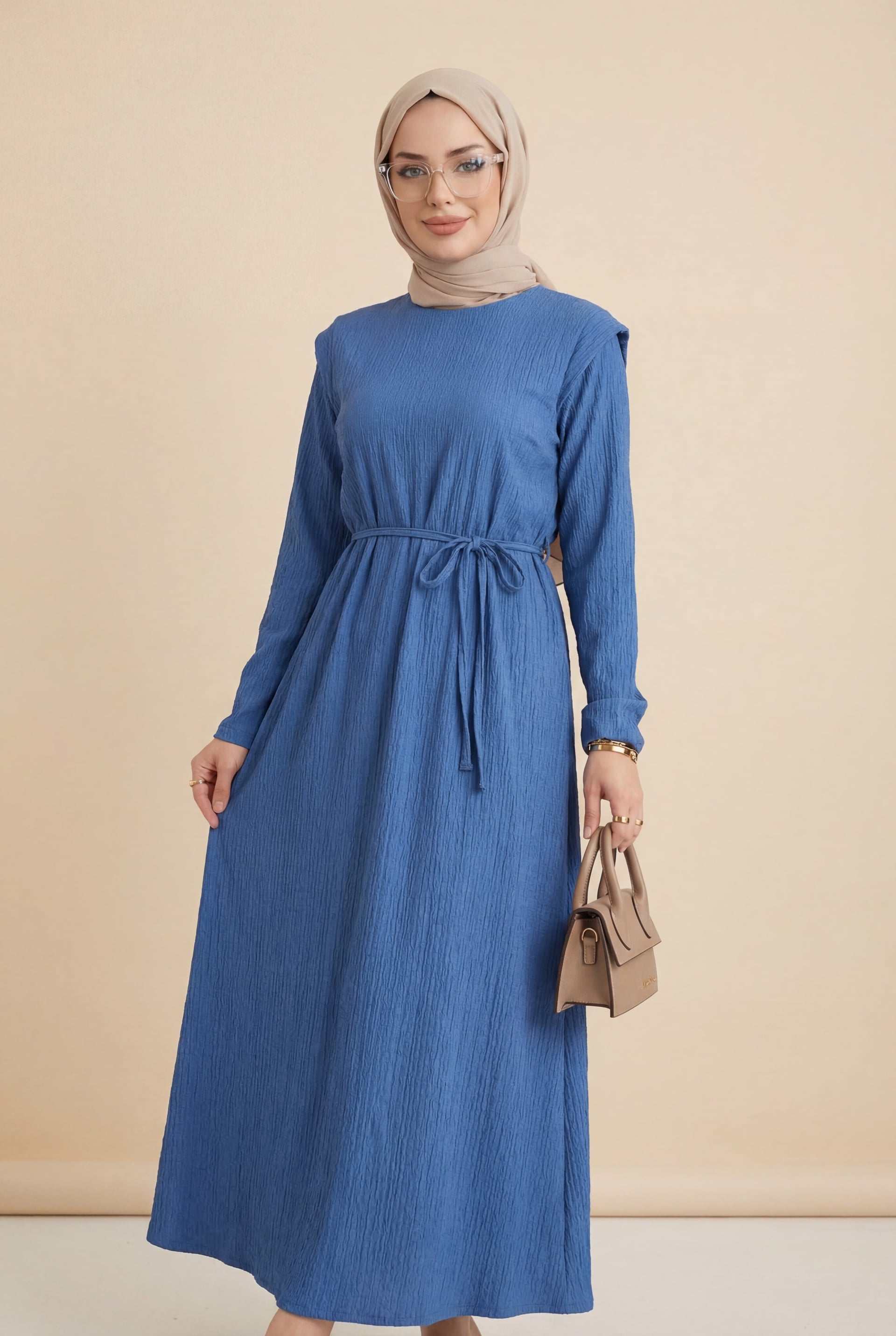 Women's Padded Shoulder Tie Waist Crinkle Dress - Indigo - Podyumplus - by Peralane - photo 2