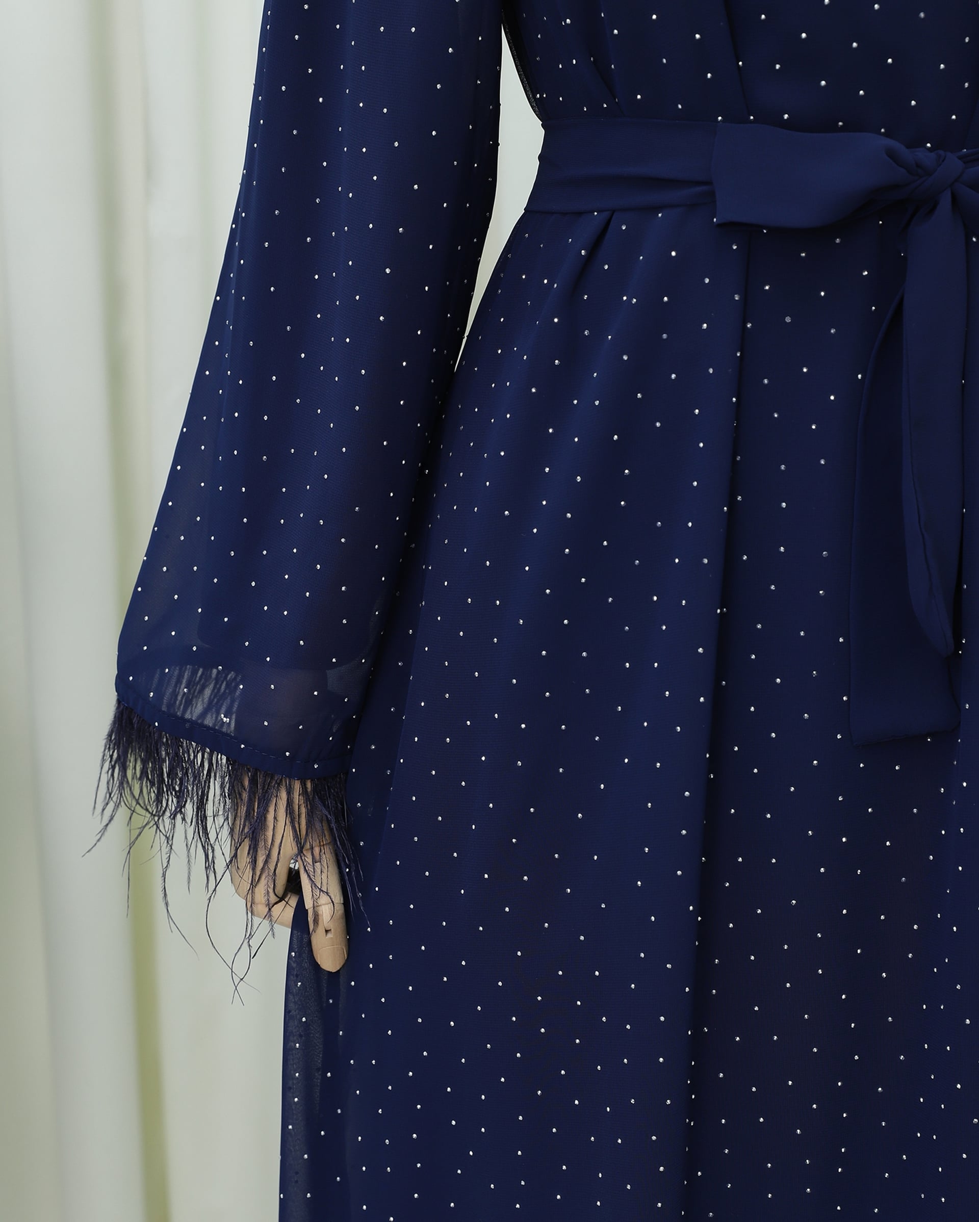 Feathered Sleeve Embellished Belted Dress - Navy - Podyumplus - by Peralane - photo 5