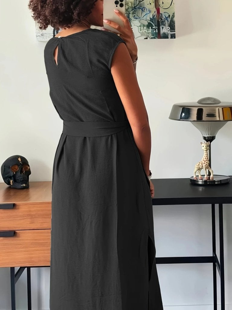Women's Black Sleeveless Round Neck Tie-Waist Midi Dress with Side Slits - Janes - by Peralane - photo 3
