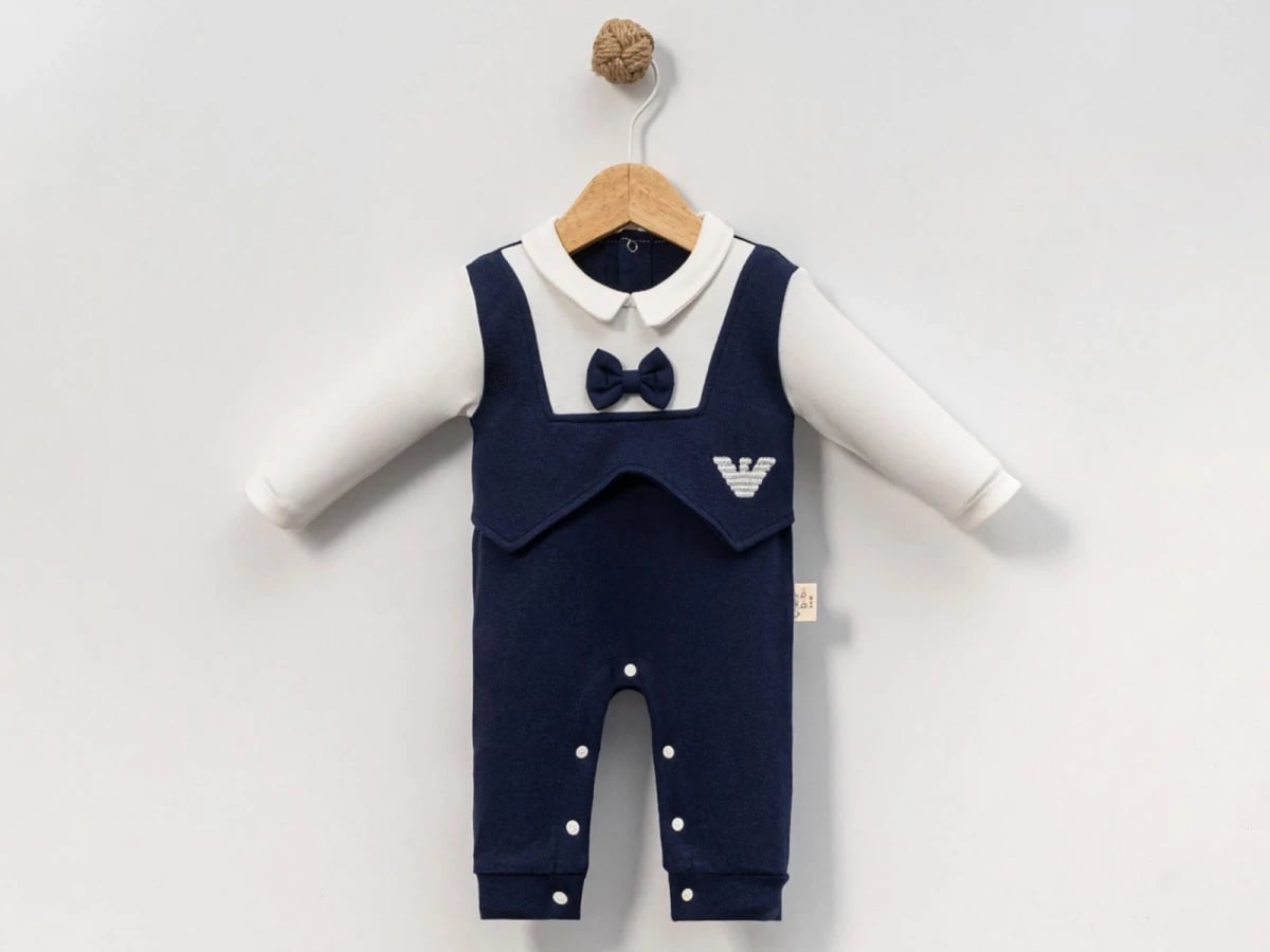 Boys' Navy Blue Bow Tie Romper Set - Pack of 4 - Cayzen - by Peralane
