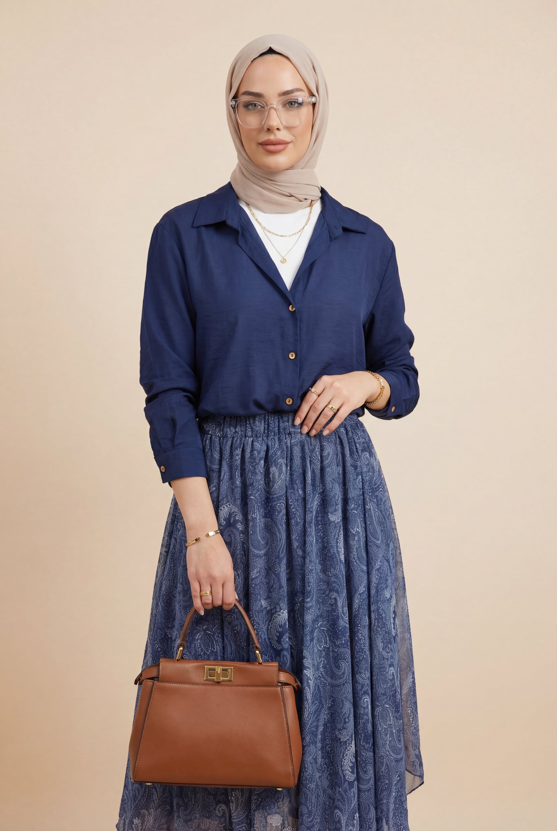 Navy Blue Crop Bodysuit Blouse with Long Back and Necklace Detail - Podyumplus - by Peralane - photo 2