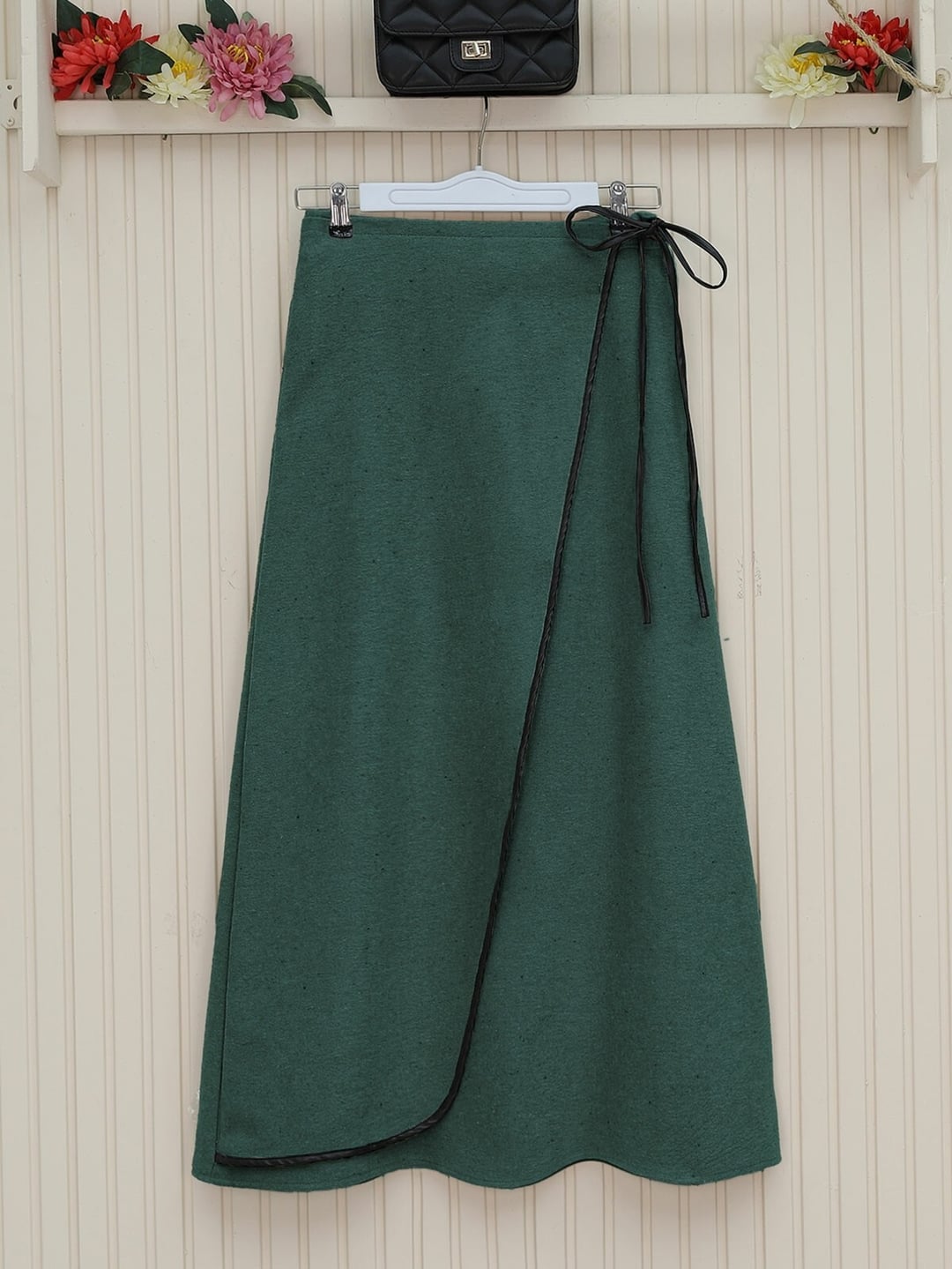 Elasticated Waist Wrap Skirt with Trim Detail - Emerald Green - Podyumplus - by Peralane - photo 2