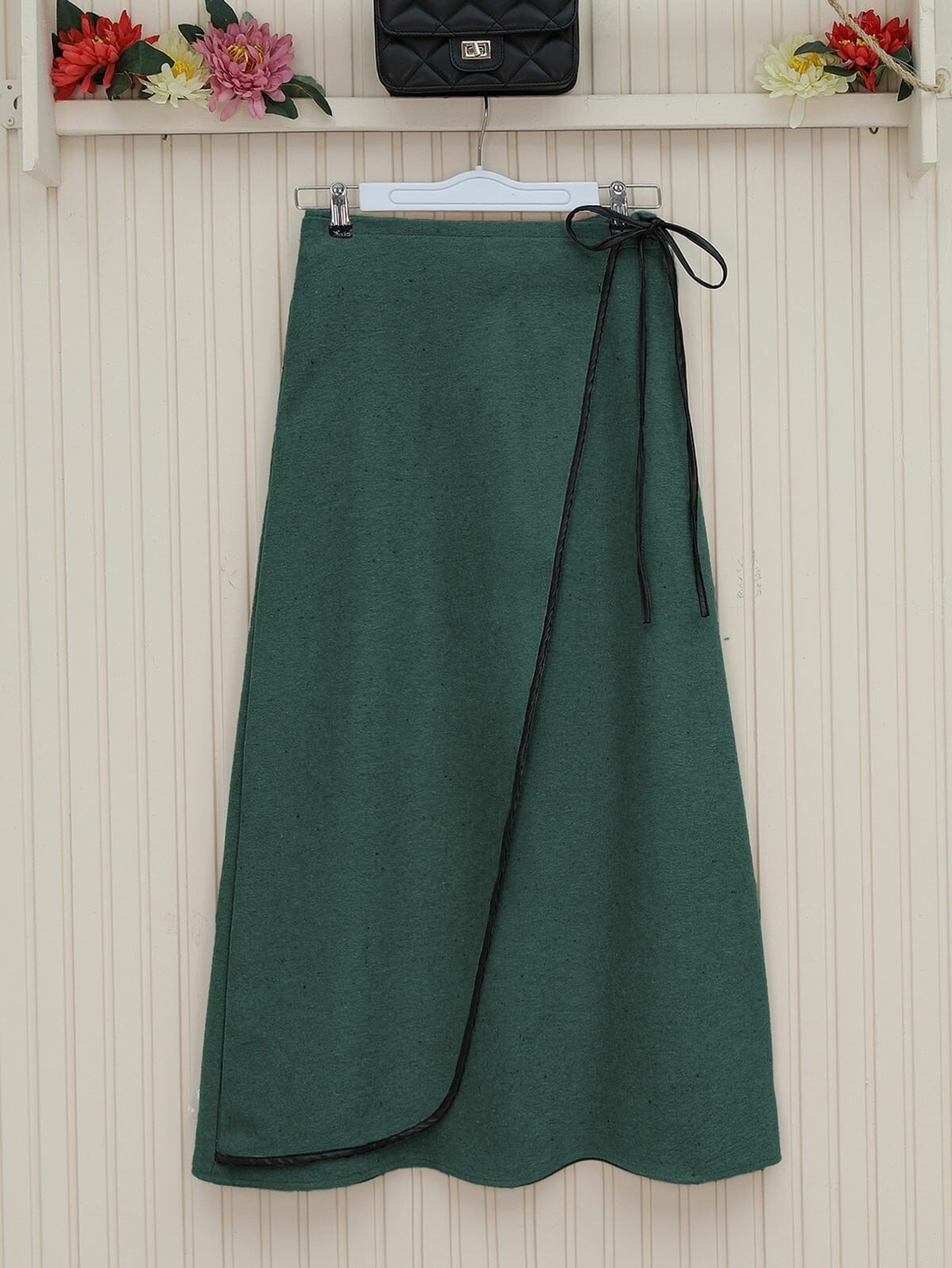 Elasticated Waist Wrap Skirt with Trim Detail - Emerald Green - Podyumplus - by Peralane - photo 2