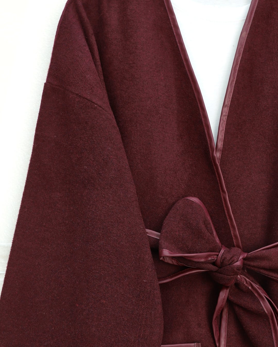 Piped Detail Double Pocket Belted Cashmere Kimono - Bordeaux - Podyumplus - by Peralane - photo 6