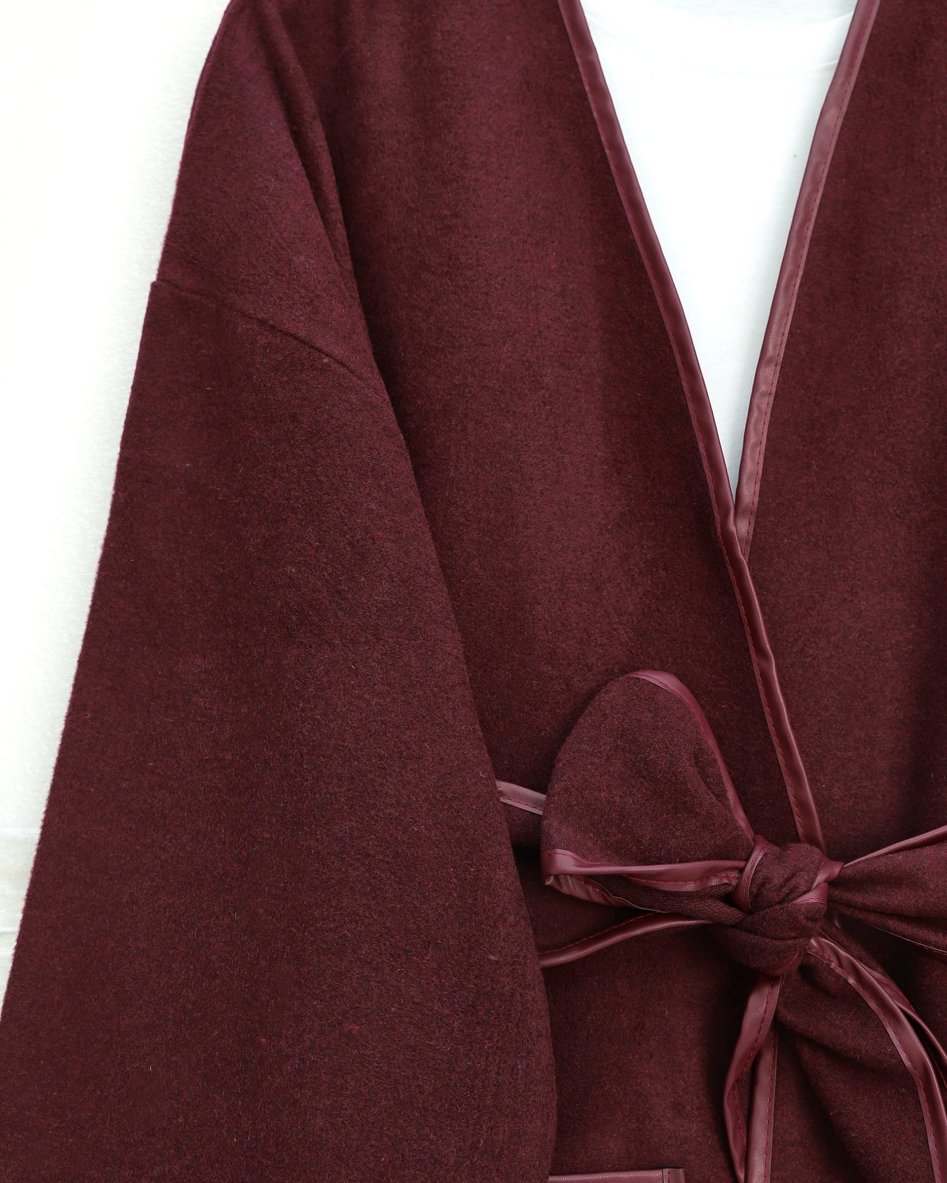 Piped Detail Double Pocket Belted Cashmere Kimono - Bordeaux - Podyumplus - by Peralane - photo 6