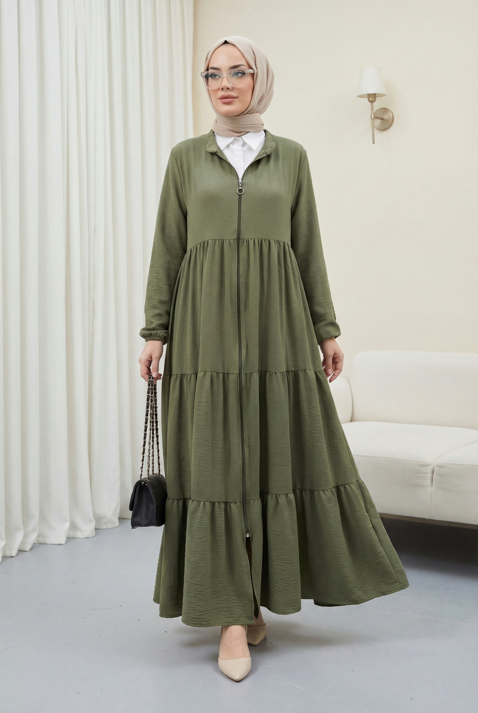 Zip-Up Tiered Ayrobin Ferace Dress in Olive Green - Podyumplus - by Peralane