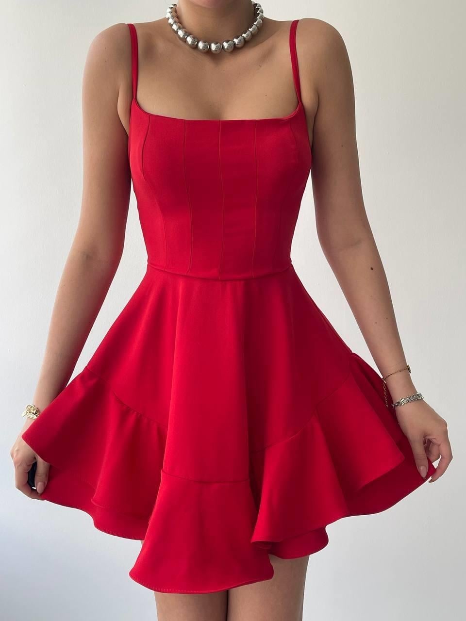 Red Sleeveless Tiered Ruffle Dress with Spaghetti Straps - Etika - by Peralane - photo 2