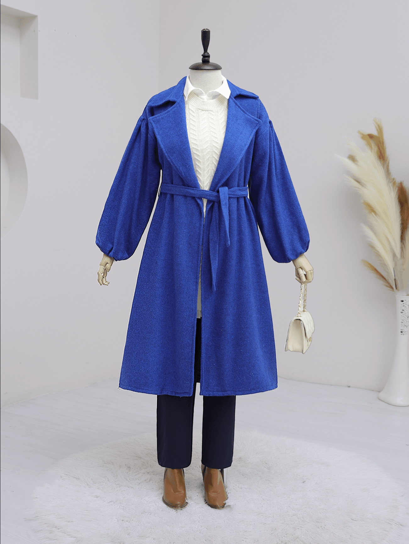 Royal Blue Balloon Sleeve Belted Modest Coat with Pockets - Podyumplus - by Peralane