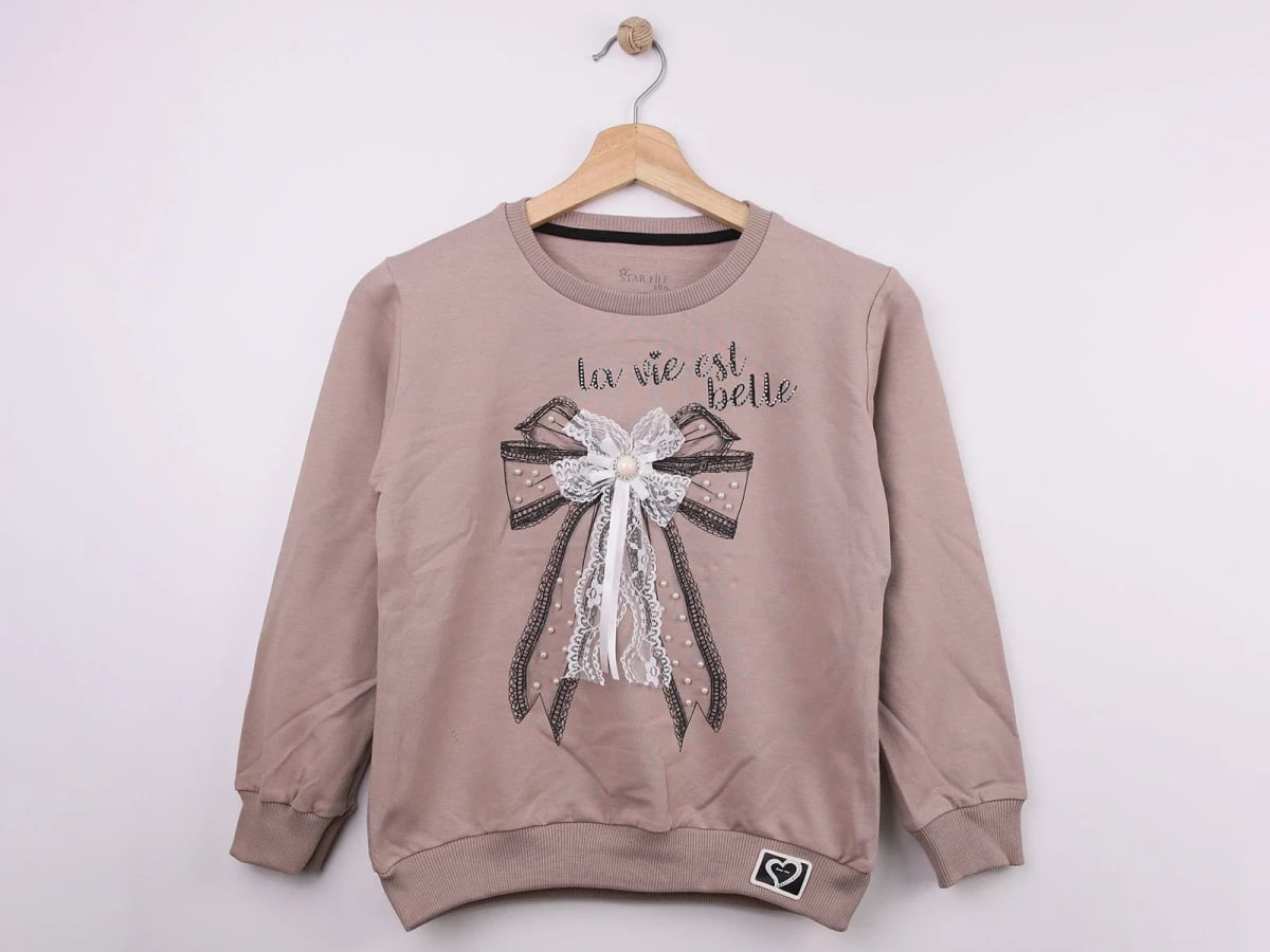 Girls' Bow Print Lace Embroidered Sweatshirt - Star File - by Peralane