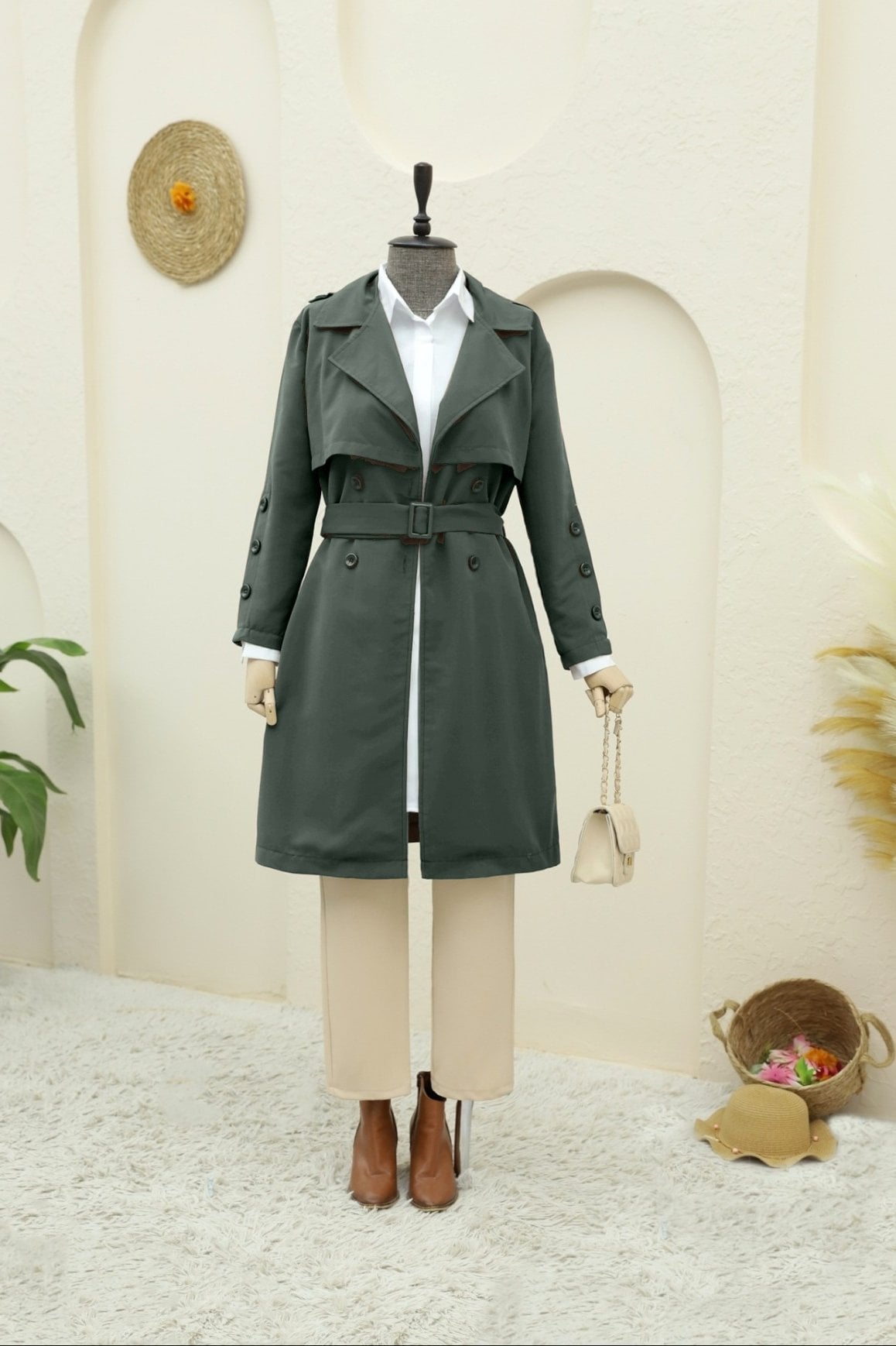 Lined Double-Breasted Belted Trench Coat - Khaki - Podyumplus - by Peralane