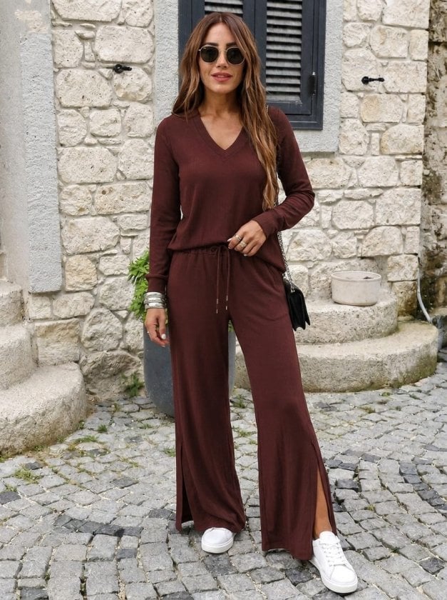 Women's Long-Sleeve V-Neck Knit Top and Wide-Leg Trousers Lounge Set - Janes - by Peralane - photo 4