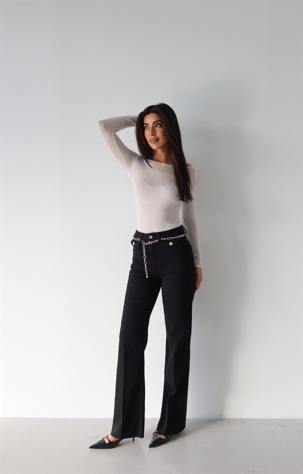 High Waist Belt Chain Detail Black Jeans - Lacarino Jeans - by Peralane - photo 4