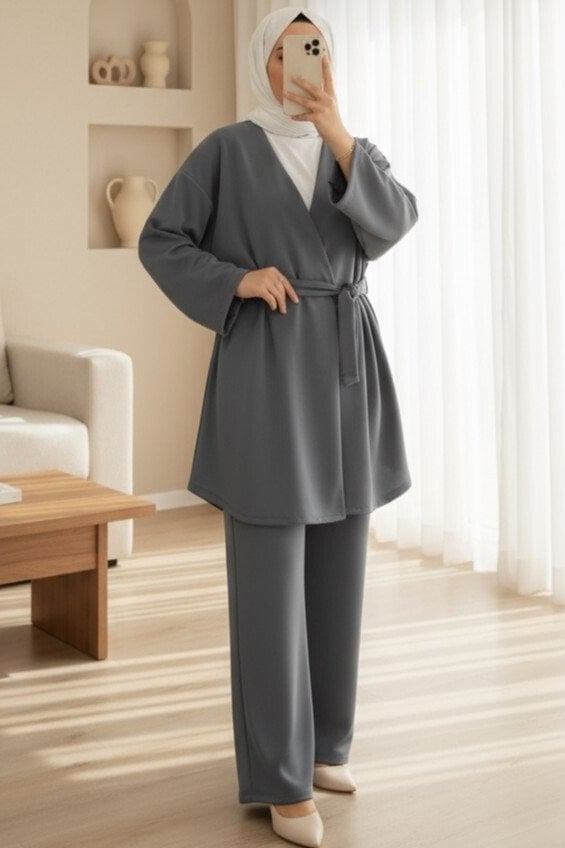 Double-Belted Scuba Kimono Co-ord Set - Smoke - Podyumplus - by Peralane