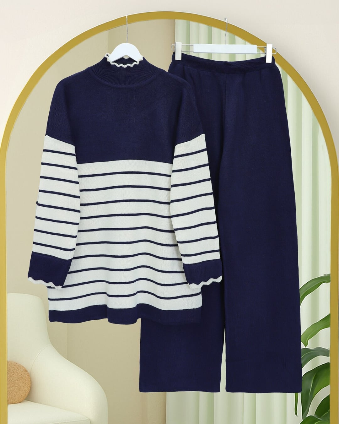 Half-Neck Striped Knit Set - Navy - Podyumplus - by Peralane - photo 3