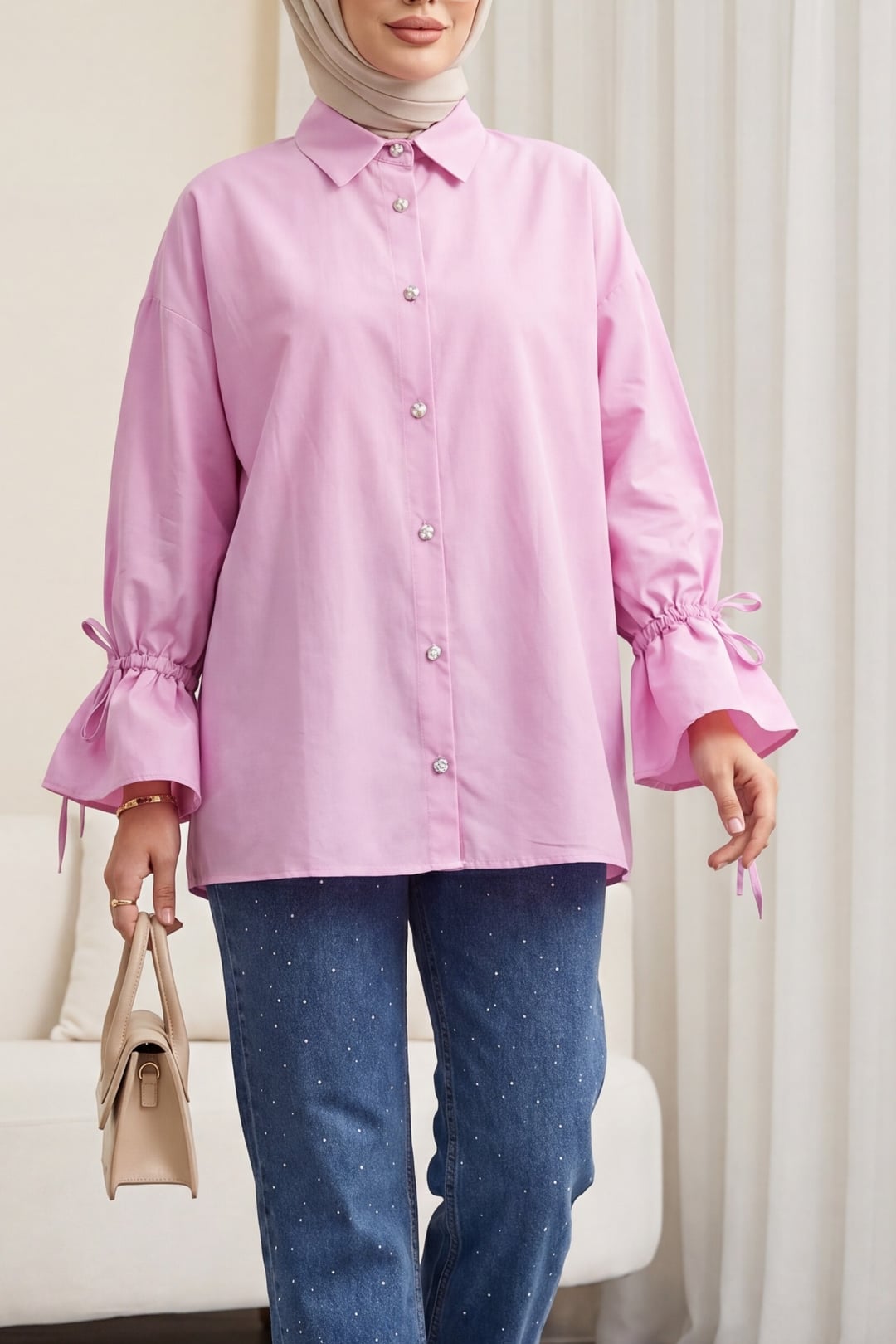 Light Pink Pleated Back Blouse with Ruched Sleeves - Podyumplus - by Peralane