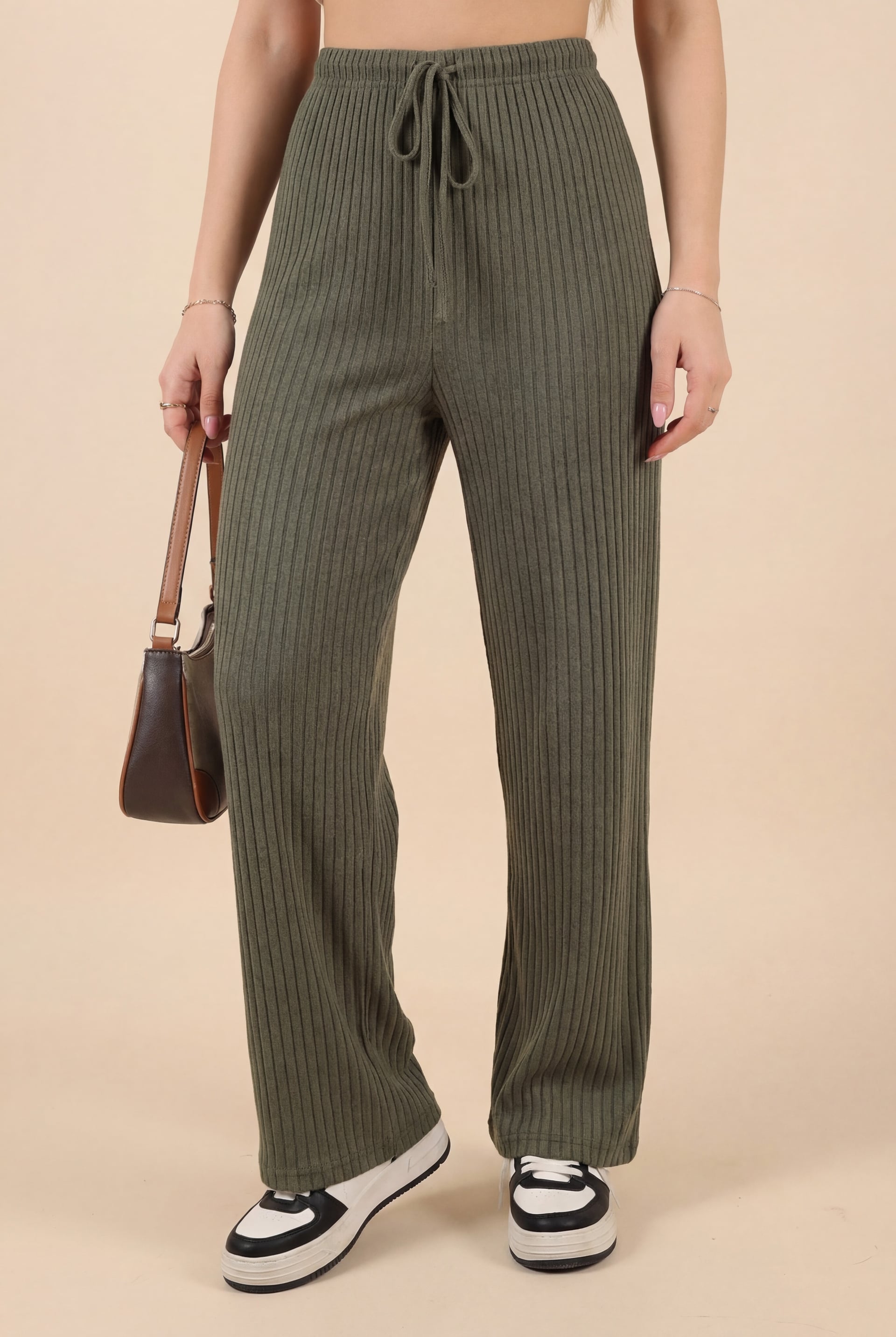 Drawstring Wide Leg Ribbed Trousers - Olive Green - Podyumplus - by Peralane