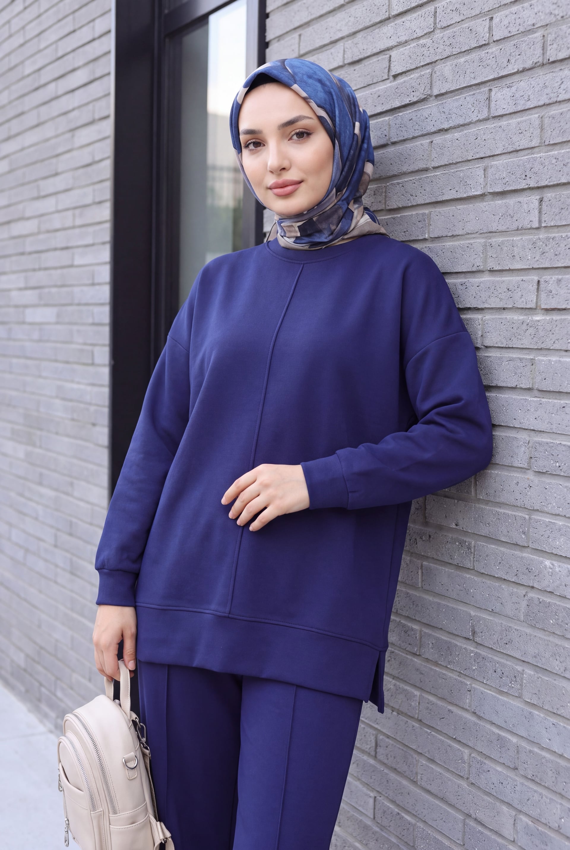 Navy Knit Tracksuit Set with Side Slit Sweatshirt and High-Waist Wide-Leg Trousers - Podyumplus - by Peralane - photo 3