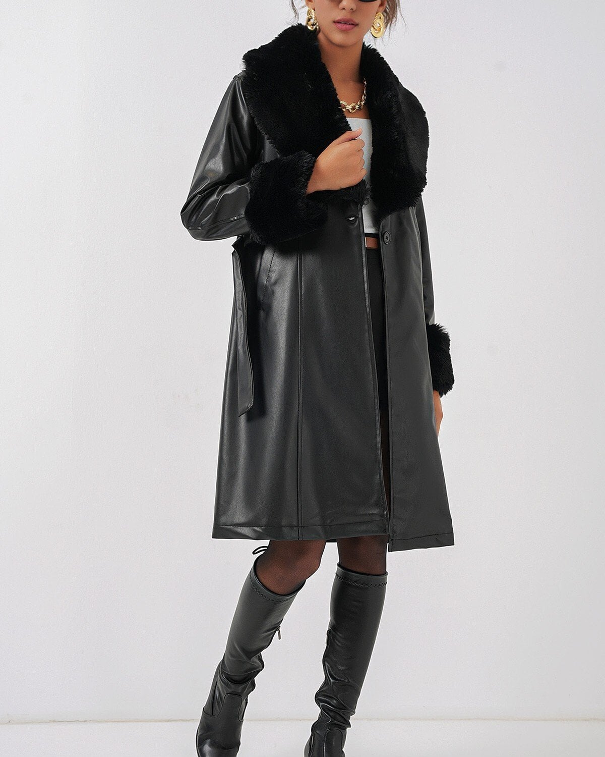 Black Faux Leather Coat with Faux Fur Collar and Tie Belt - Bigdart - by Peralane - photo 8