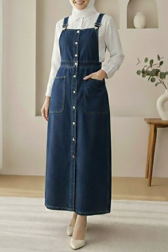 Full-Length Button Front Double Pocket Denim Pinafore Dress - Dark Blue - Podyumplus - by Peralane