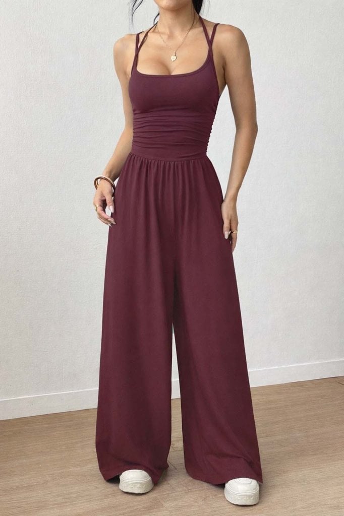 Women's Sleeveless Square Neck Wide-Leg Jumpsuit in Burgundy - Janes - by Peralane - photo 2