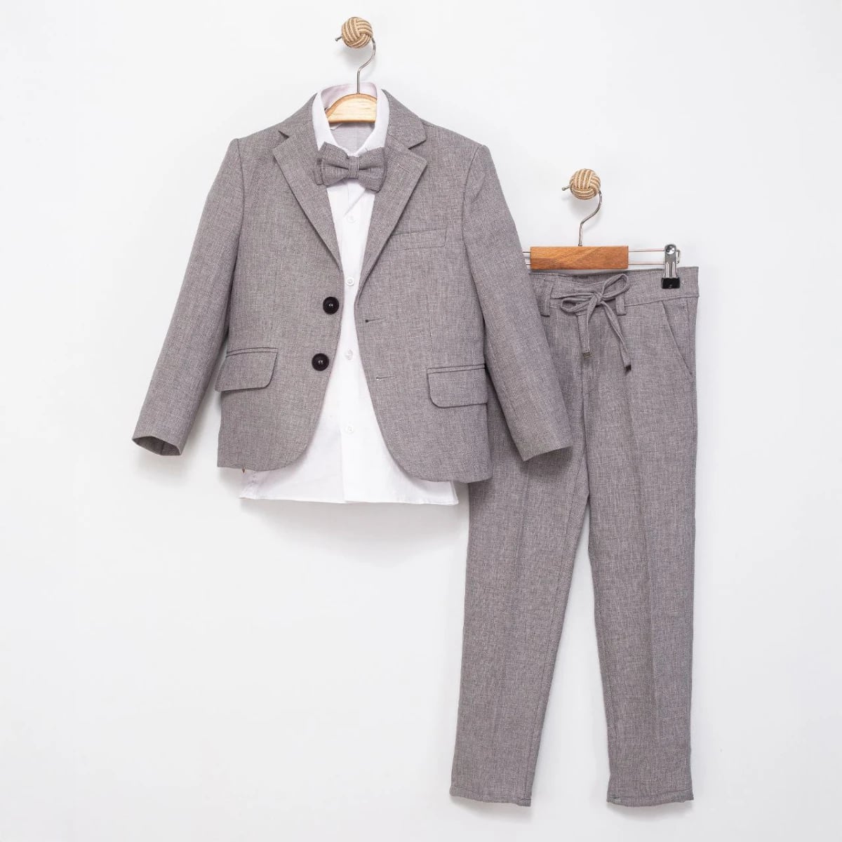 Boys' 4-Piece Formal Suit Set with Herringbone Blazer, Shirt, Bow Tie and Trousers - Grey - Terry - by Peralane