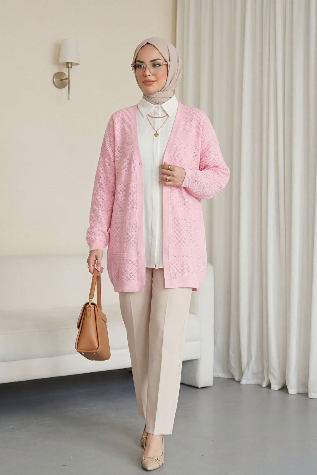 Openwork Wave Pattern Knit Cardigan - Pink - Podyumplus - by Peralane - photo 2