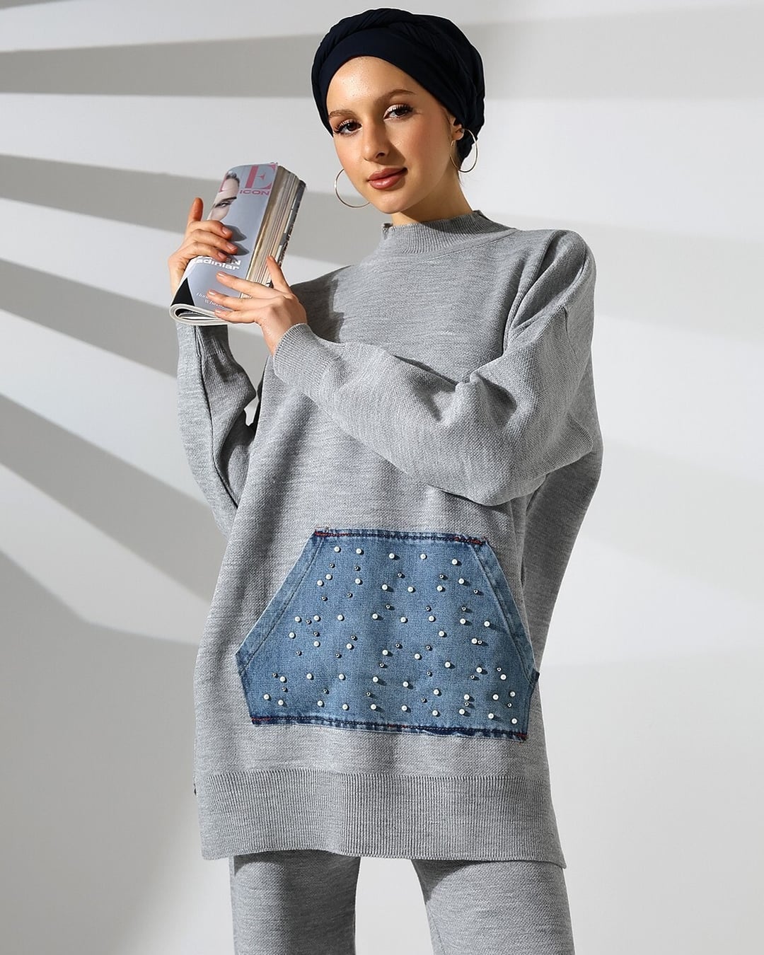 Grey Knit Lounge Set with Denim Pocket and Beaded Detail - Podyumplus - by Peralane - photo 3