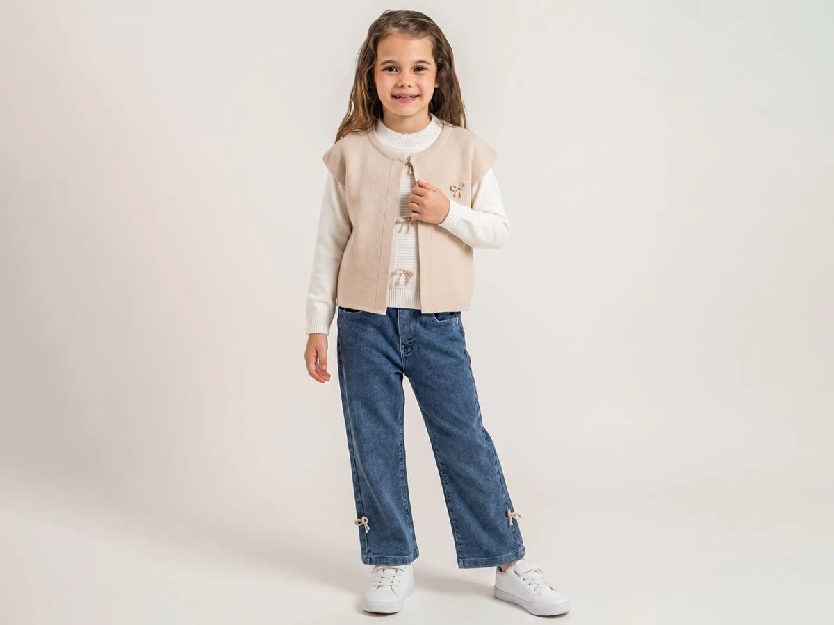 Girl's Beige Knit Vest with Bow Motif - Pampal Kids - by Peralane