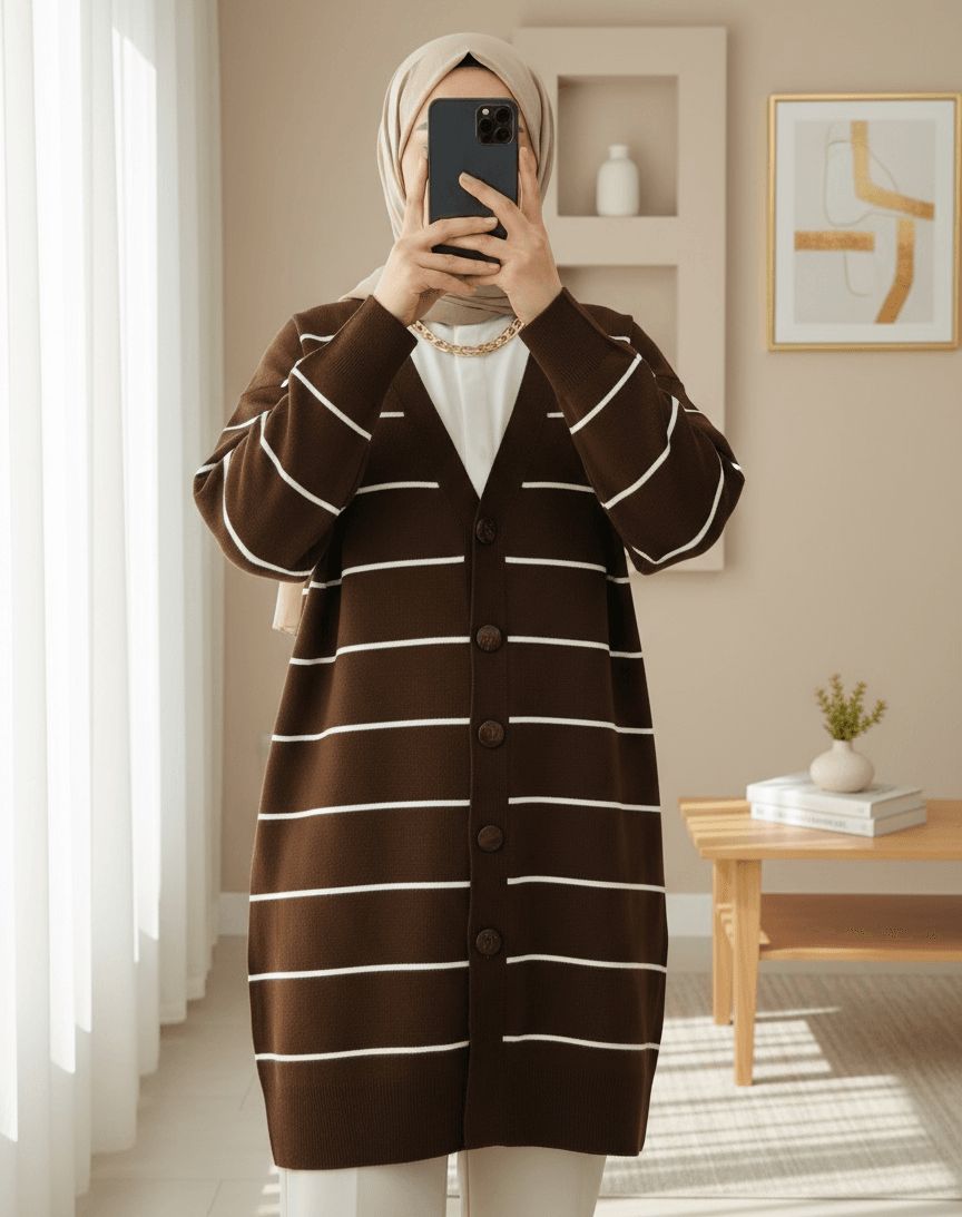Brown Striped Knit Cardigan for Women with Button Front - Podyumplus - by Peralane - photo 2