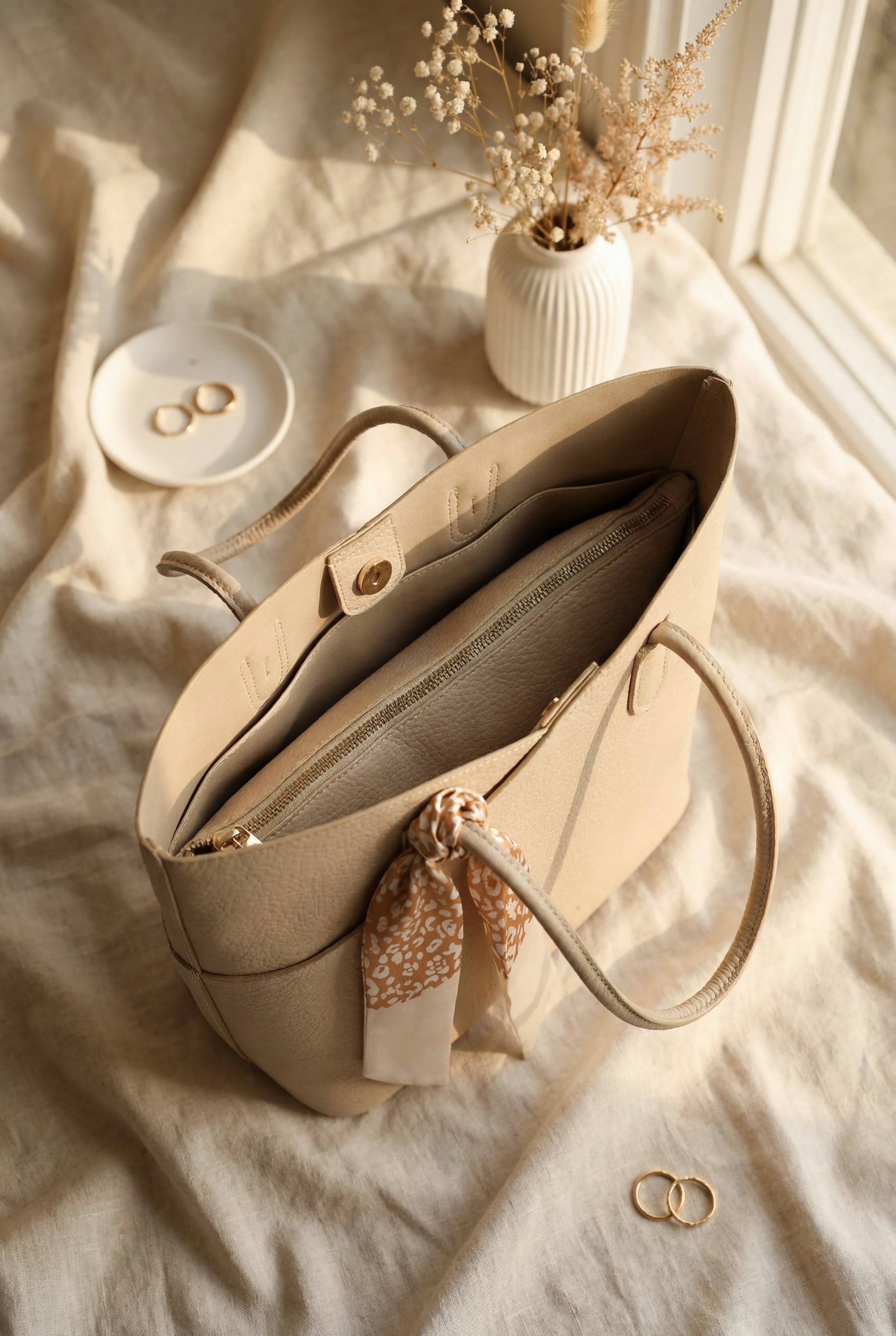 Women's Handbag with Cross-Body Sections and Scarf Detail - Beige - Podyumplus - by Peralane - photo 2