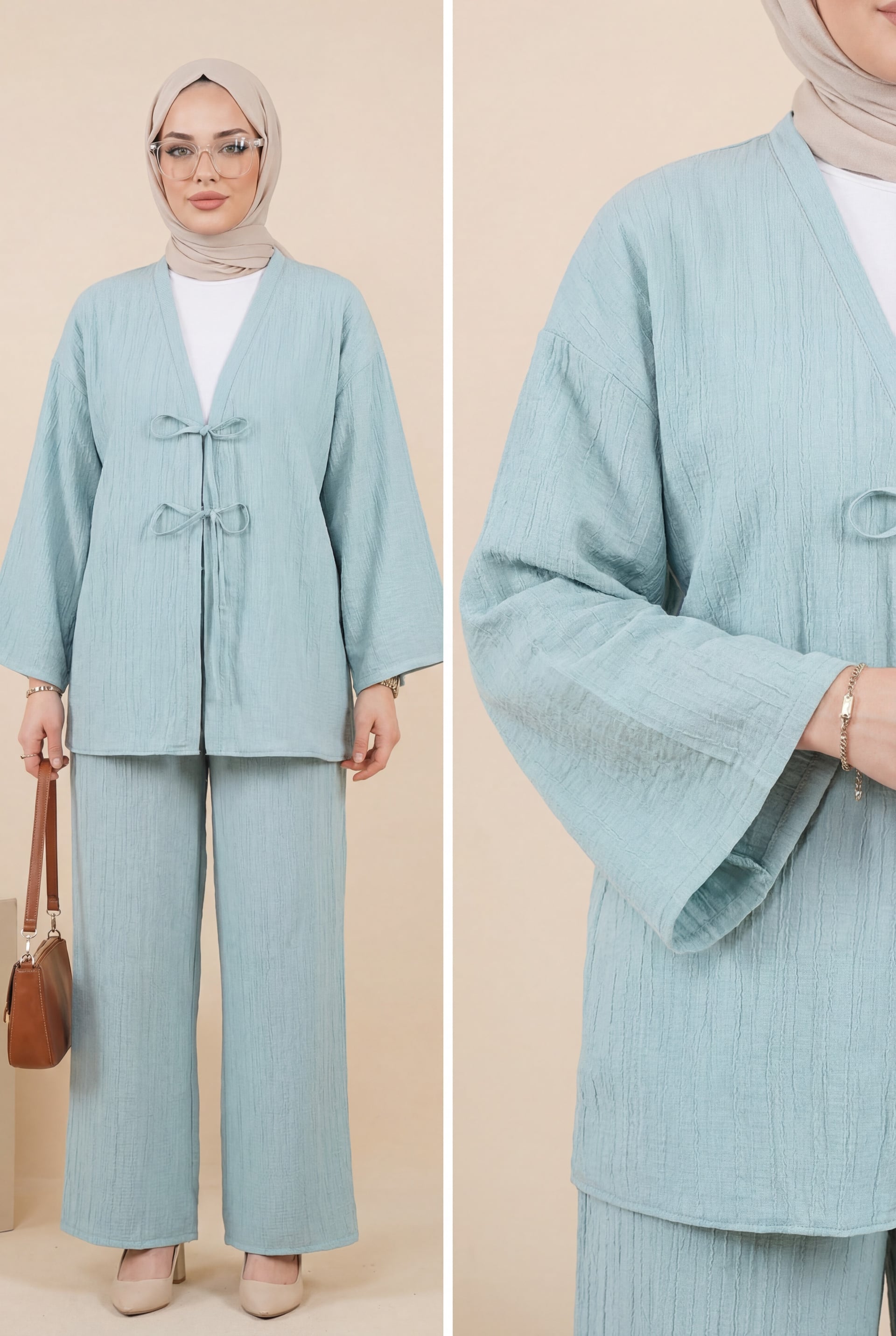 Crinkled Two-Piece Set with Tie-Front Jacket and Wide-Leg Trousers - Sea Green - Podyumplus - by Peralane - photo 3