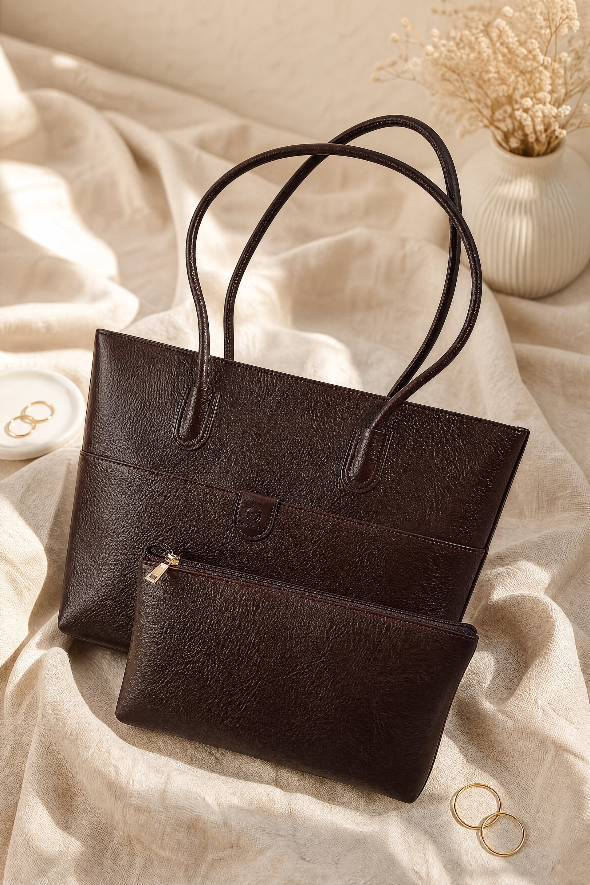 Faux Leather Tote Bag with Zippered Pouch - Brown - Podyumplus - by Peralane - photo 2