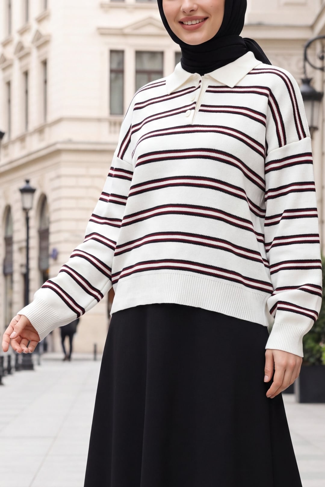 Striped Oversize Polo Collar Sweater - Ecru - Podyumplus - by Peralane