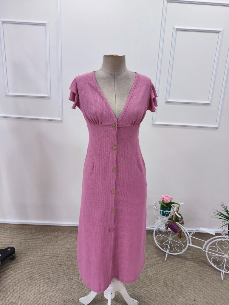 Women's Short Sleeve V-Neck Front Button Crinkle Midi Dress - Janes - by Peralane - photo 5