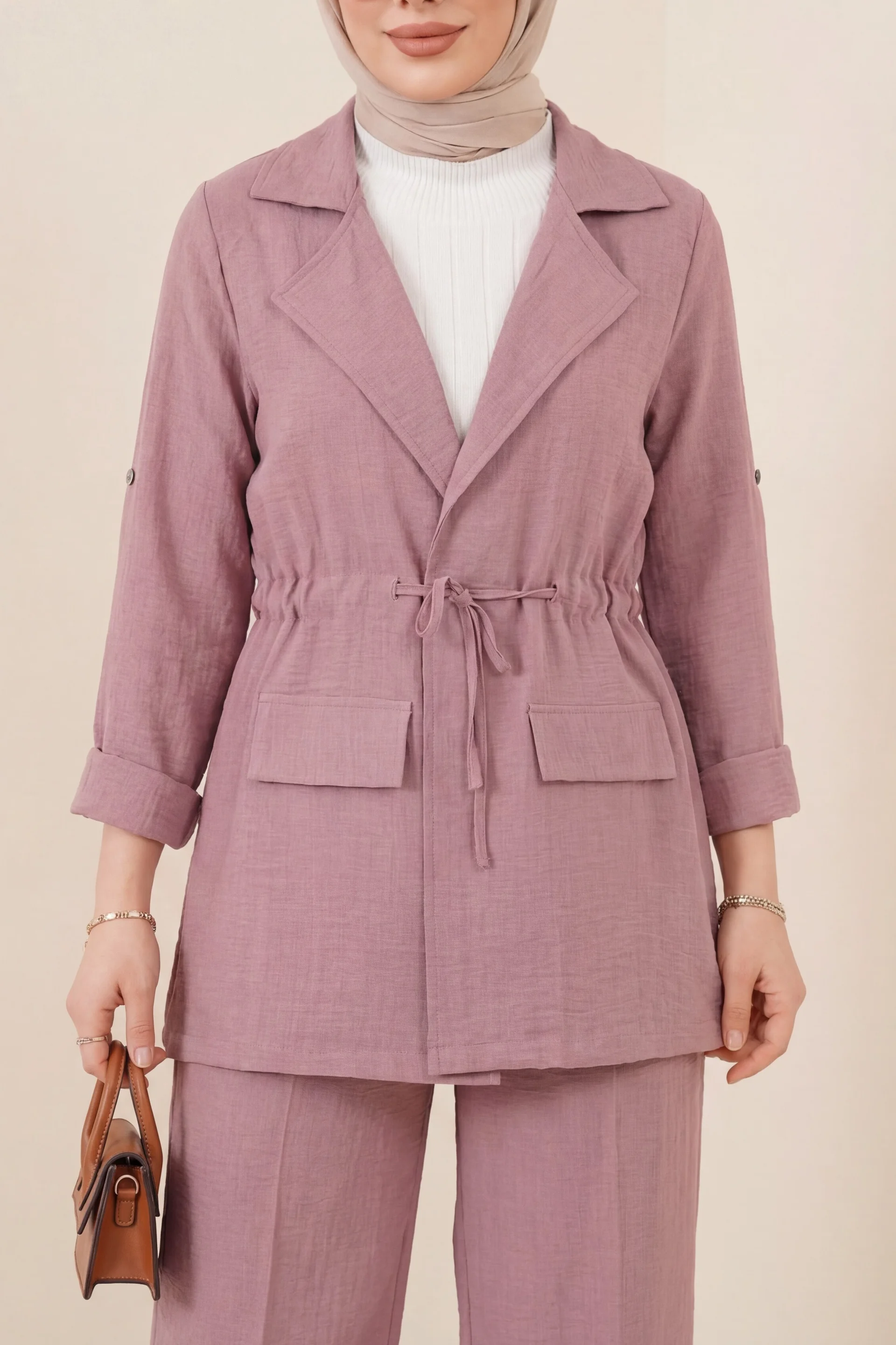 Flap Pocket Tunnel Bridge Blazer and Wide-Leg Trousers Co-ord Set in Dusty Rose - Podyumplus - by Peralane - photo 5