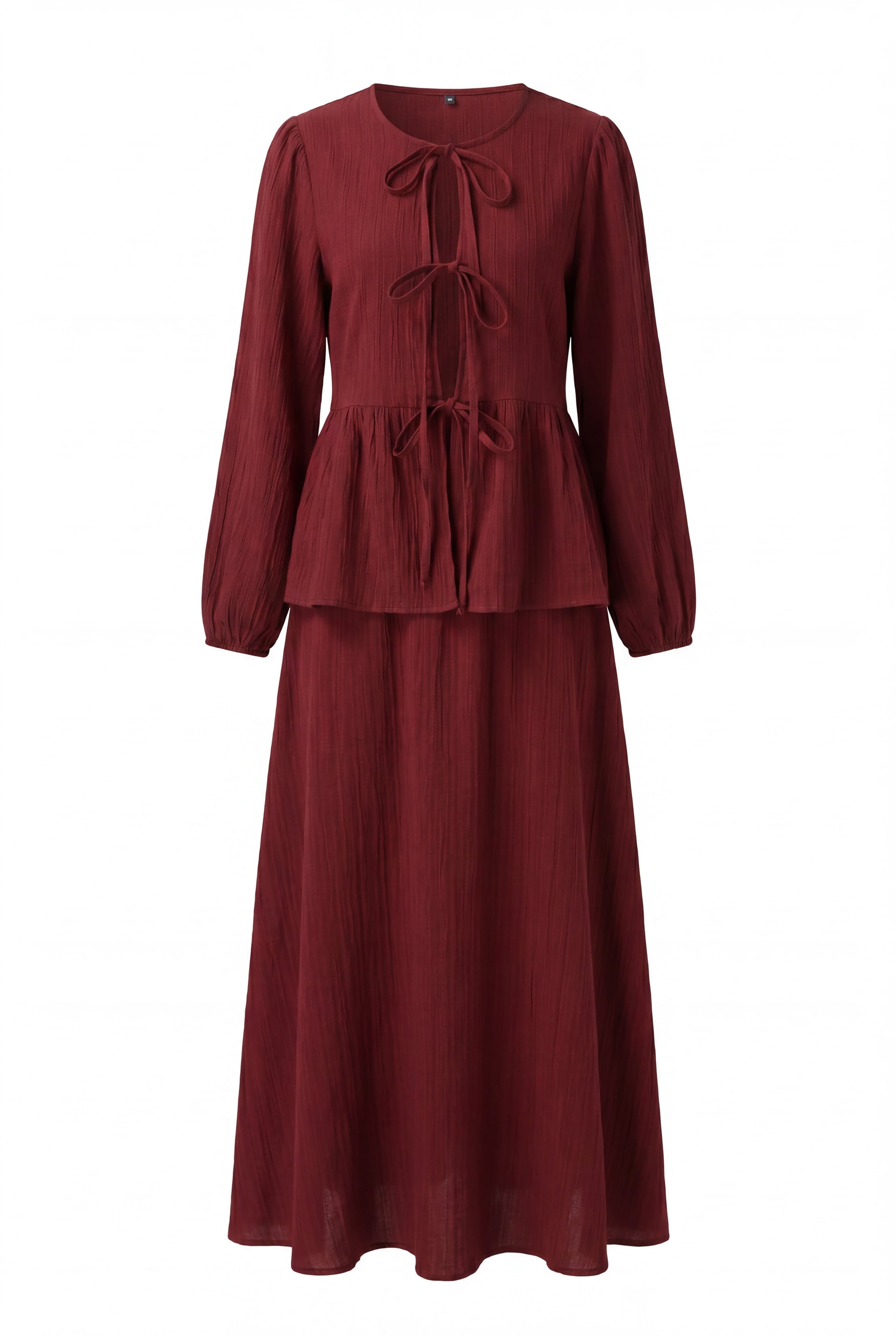 Front Tie Elastic Cuff Peplum Top and Maxi Skirt Set in Bordeaux - Podyumplus - by Peralane - photo 5