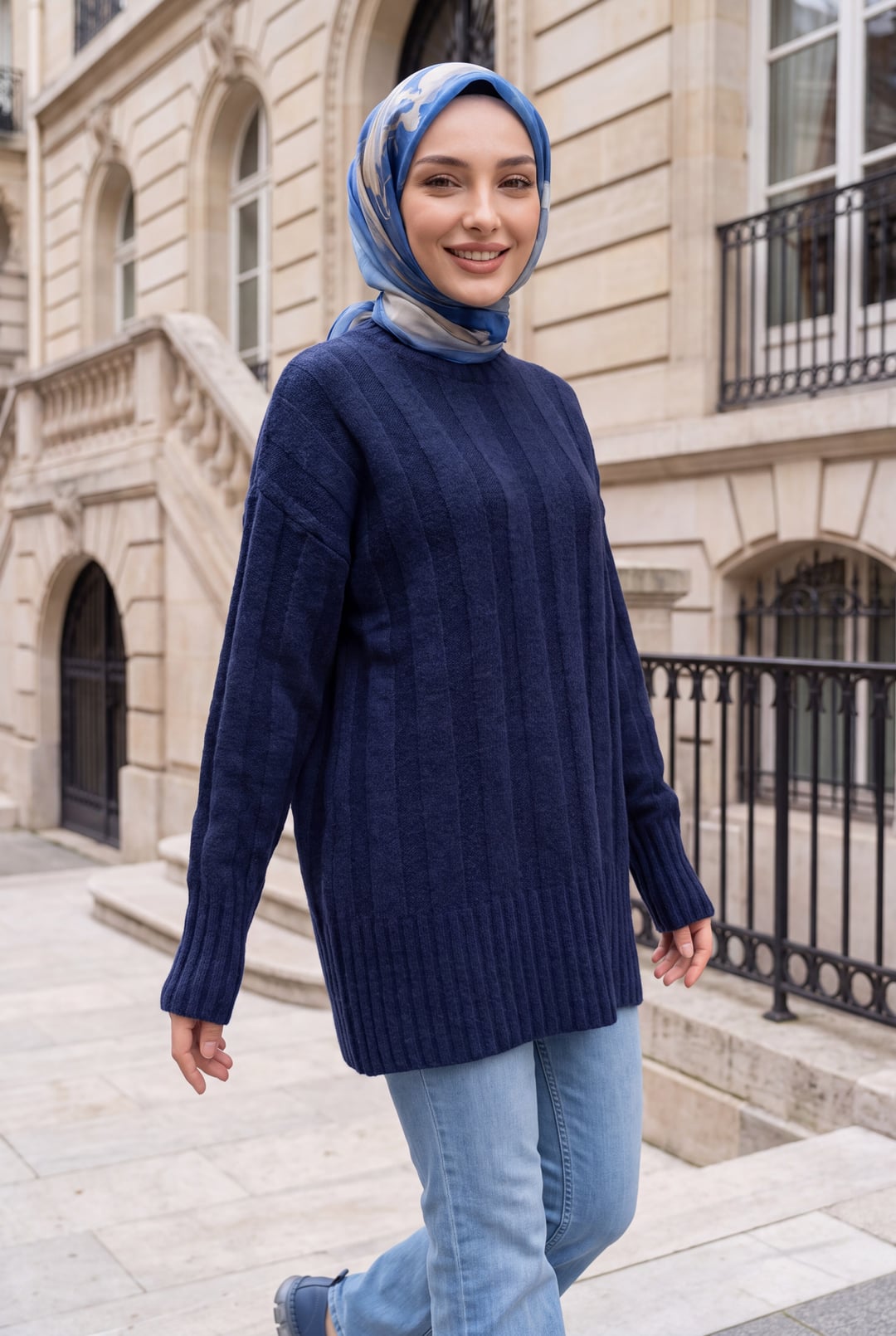 Half Collar Striped Pattern Soft Knit Sweater - Navy Blue - Podyumplus - by Peralane
